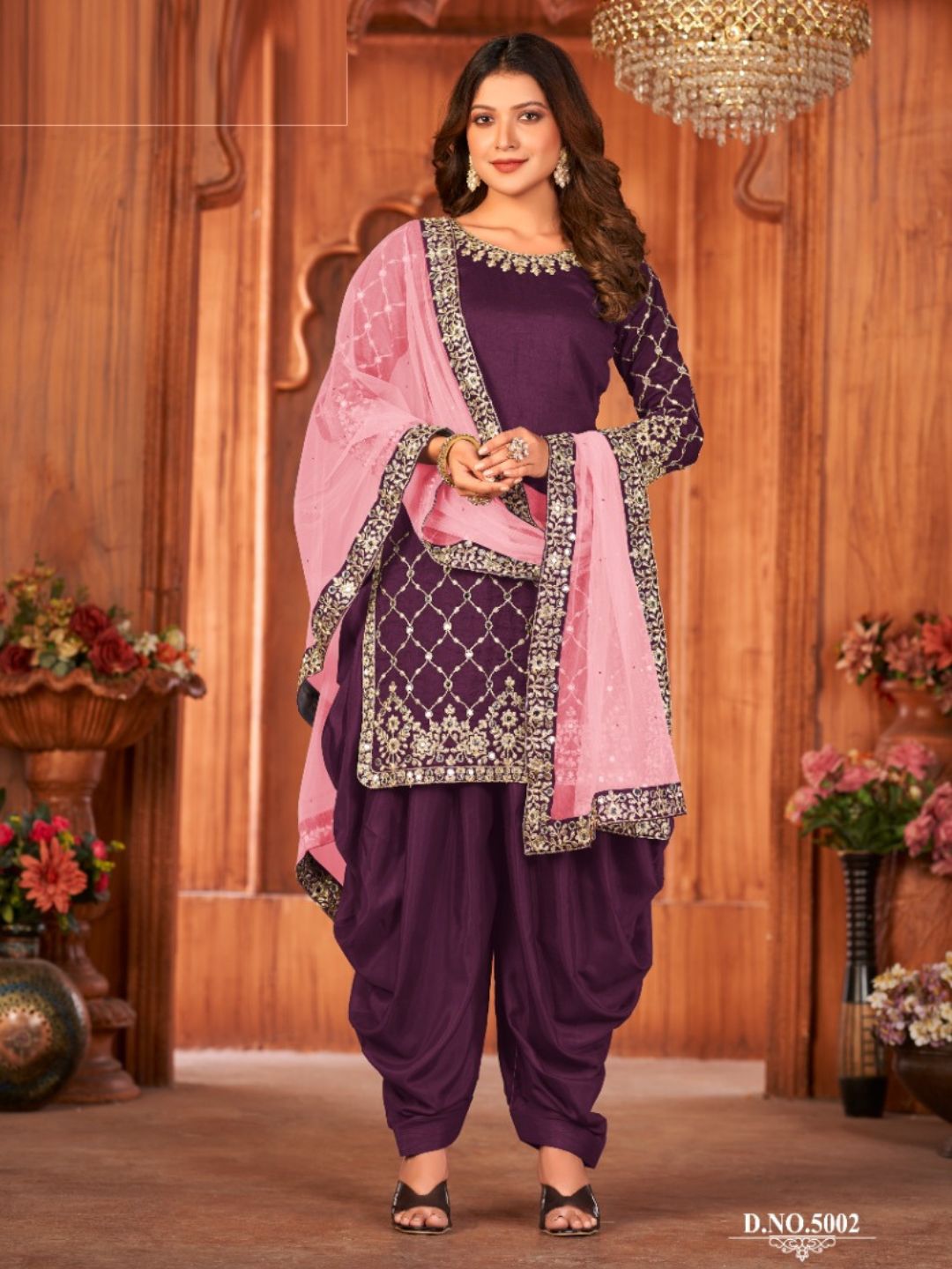 Mirror Art Silk Patiala Salwar Suit in Purple