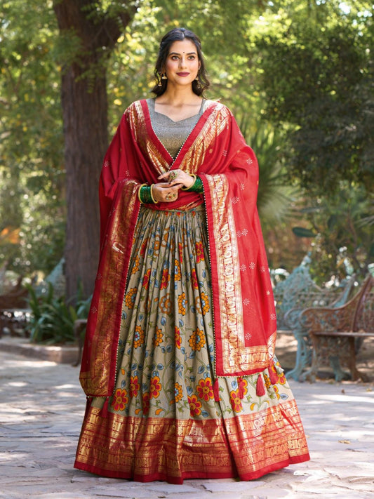 Kalamkari Tussar Silk Printed design Festive Lehenga In Red color -82063