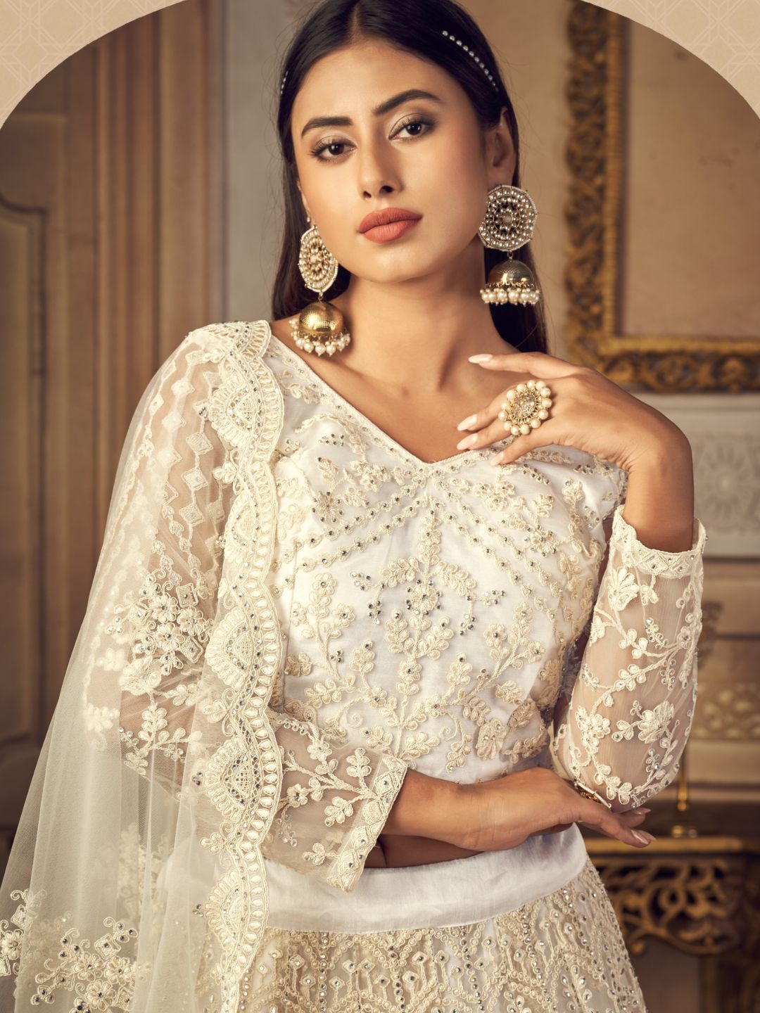 Embroidered Net With Banglori Silk Bridal Lehenga in White