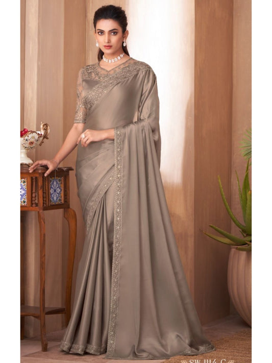 Embroidered Silk Fastive Saree In  Grey