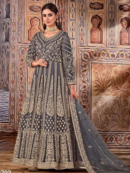 Embroidered Net Bollywood Floor Length Salwar Kameez in Grey