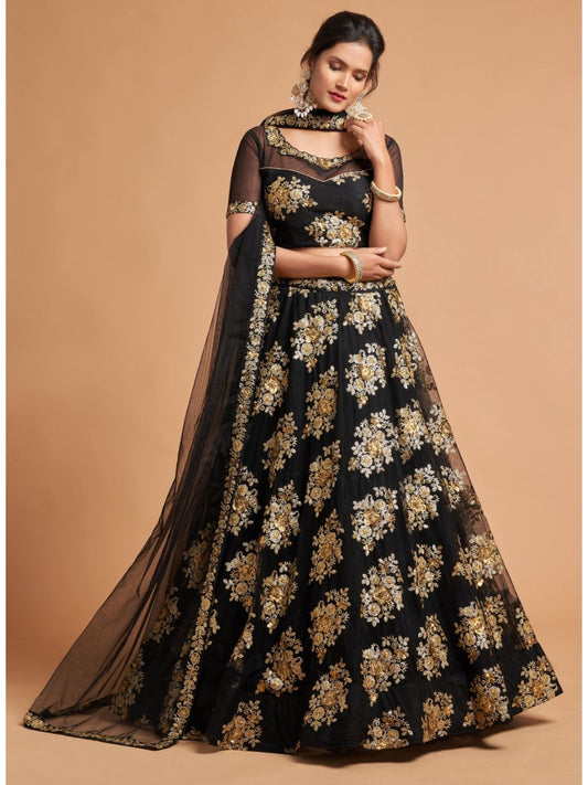 Sequence Net Fastive A Line Lehenga in Black