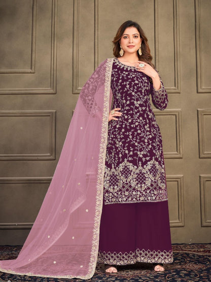 Embroidered Velvet Pakistani Suit in Purple