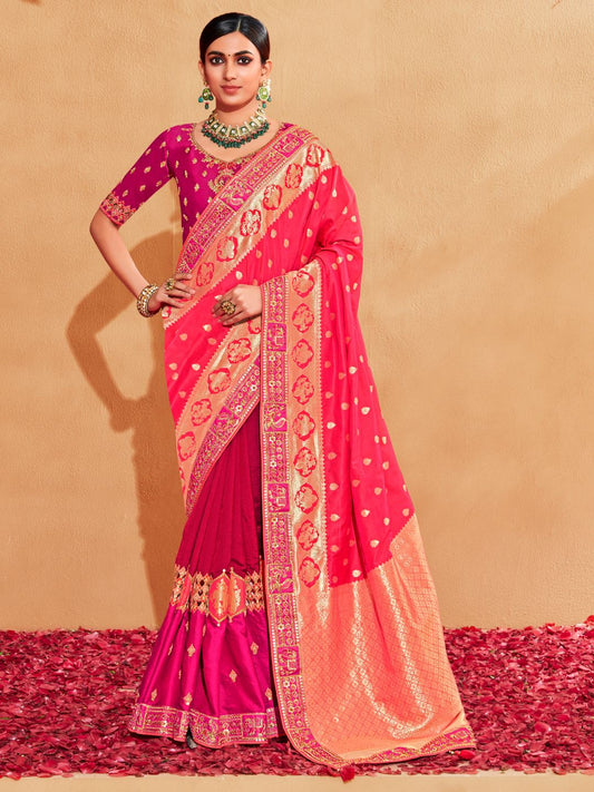 Embroidered Silk Designer Traditional Saree In Pink and Magenta