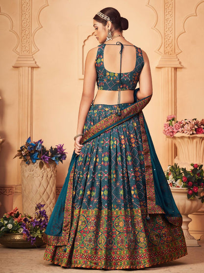 Digital Printed Chinnon Lehenga in Blue