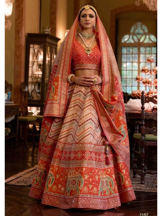 Mirror Work Art Silk Bridal Lehenga in Off white and White