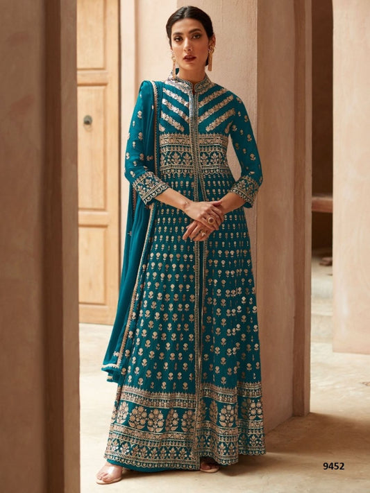 Embroidered Georgette Mehendi Sangeet Salwar Kameez in Blue