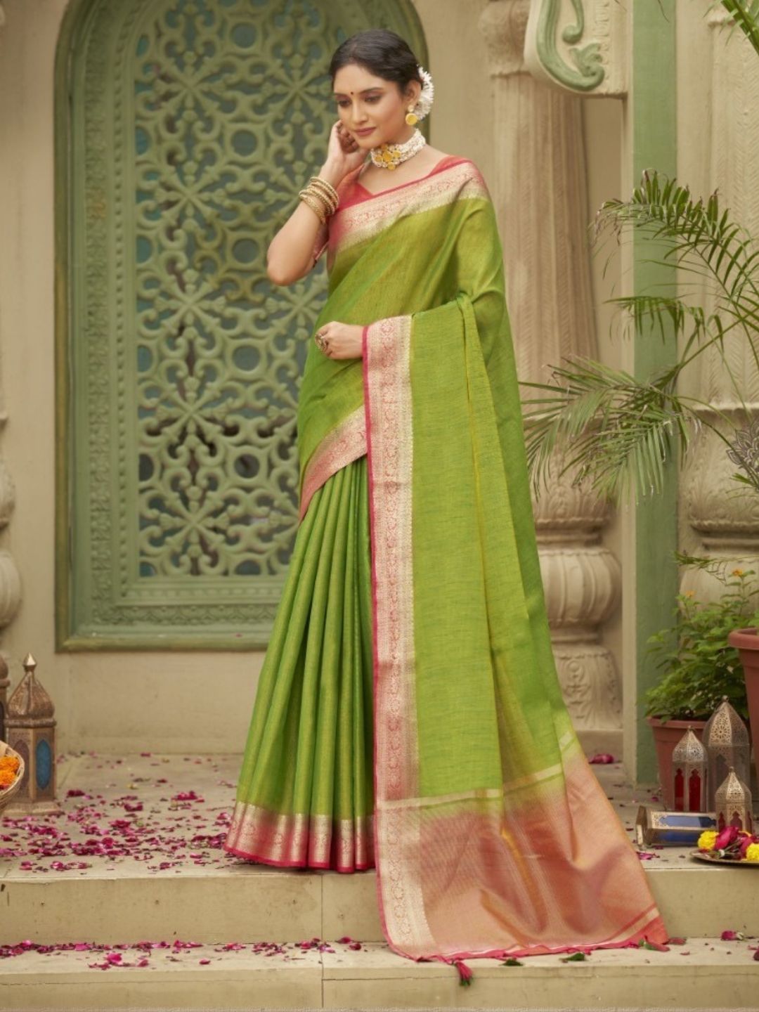 Weaving Tusser Silk Fastive Saree In Green-81030