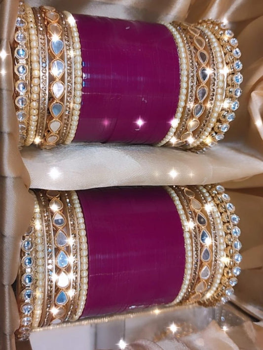 Purple AD Stone-Studded Punjabi Chura Bridal Wedding Bangle Set-30917