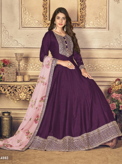 Embroidered Silk Mehendi Sangeet Gown in Purple