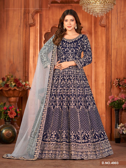 Zari Velvet Party Wear floor length Salwar Kameez In Blue