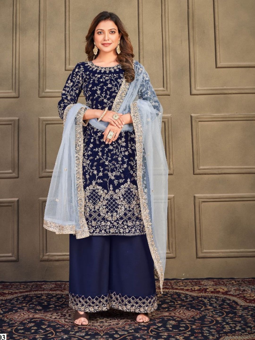 Embroidered Velvet Pakistani Suit in Blue