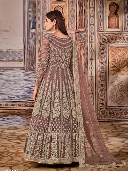 Embroidered Net Bollywood Floor Length Salwar Kameez in Beige