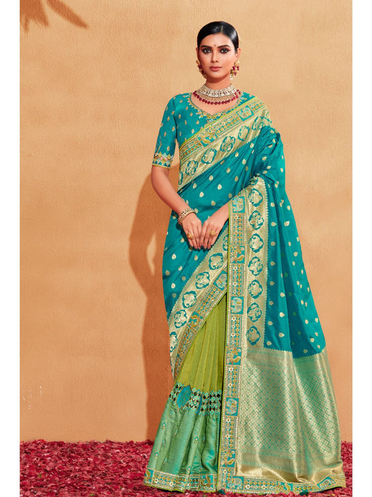 Embroidered Silk Designer Traditional Saree In Blue and Green