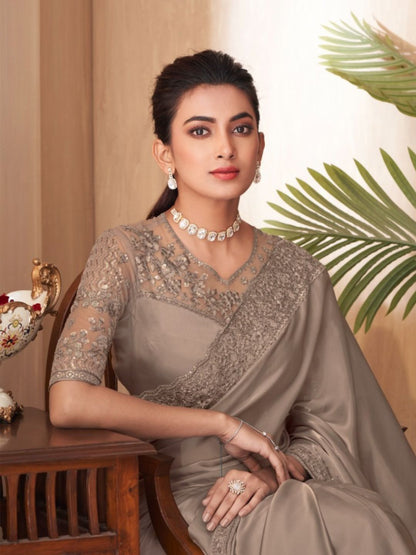 Embroidered Silk Fastive Saree In  Grey