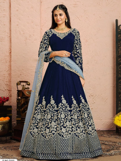 Mirror Velvet Winter Casual Salwar Kameez in Blue