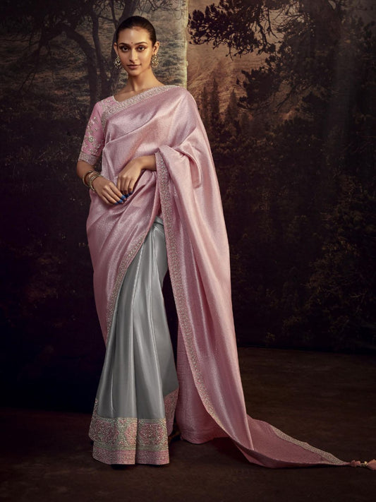 Embroidered Silk Soft Traditional Saree In Grey and Pink