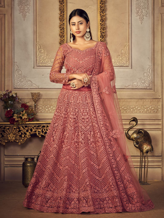 Embroidered Net With Banglori Silk Bridal Lehenga in Pink-90998