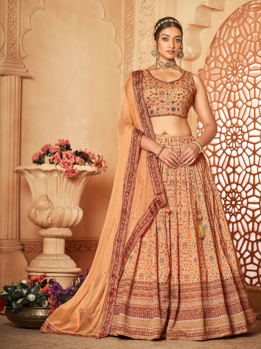 Digital Printed Chinnon Lehenga in Beige and Brown