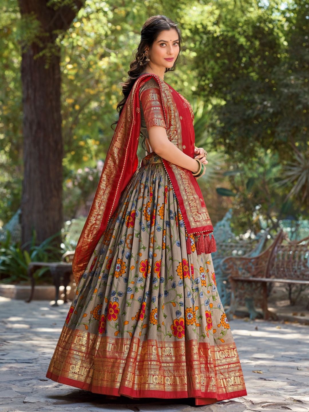 Kalamkari Tussar Silk Printed design Festive Lehenga In Red color -82063