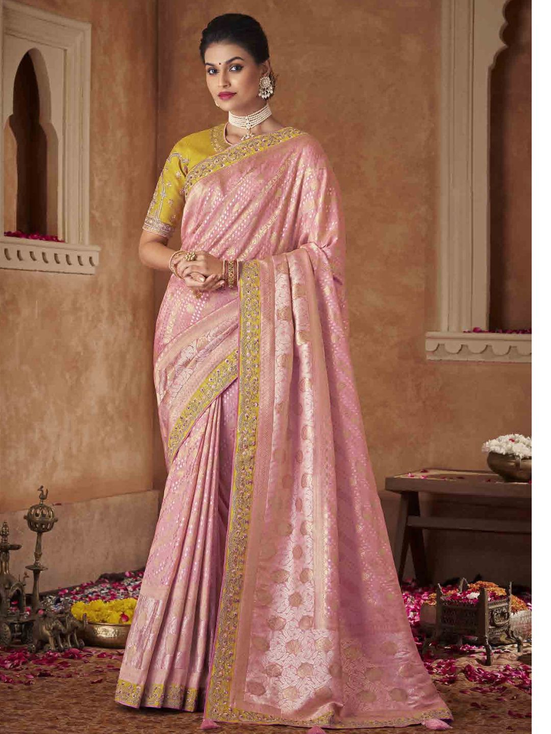 Embroidered Pure Dola Traditional Saree In Pink