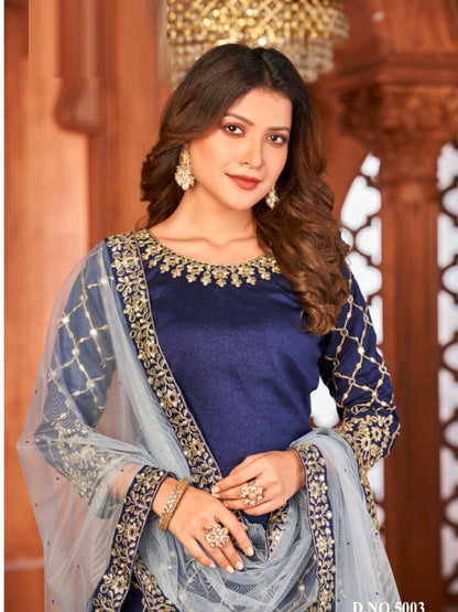 Mirror Art Silk Patiala Salwar Suit in Blue