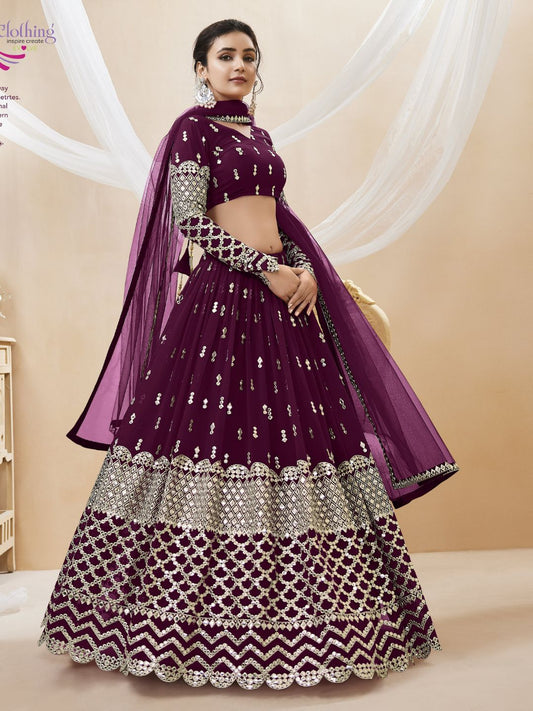 Embroidered Georgette Lehenga in Purple