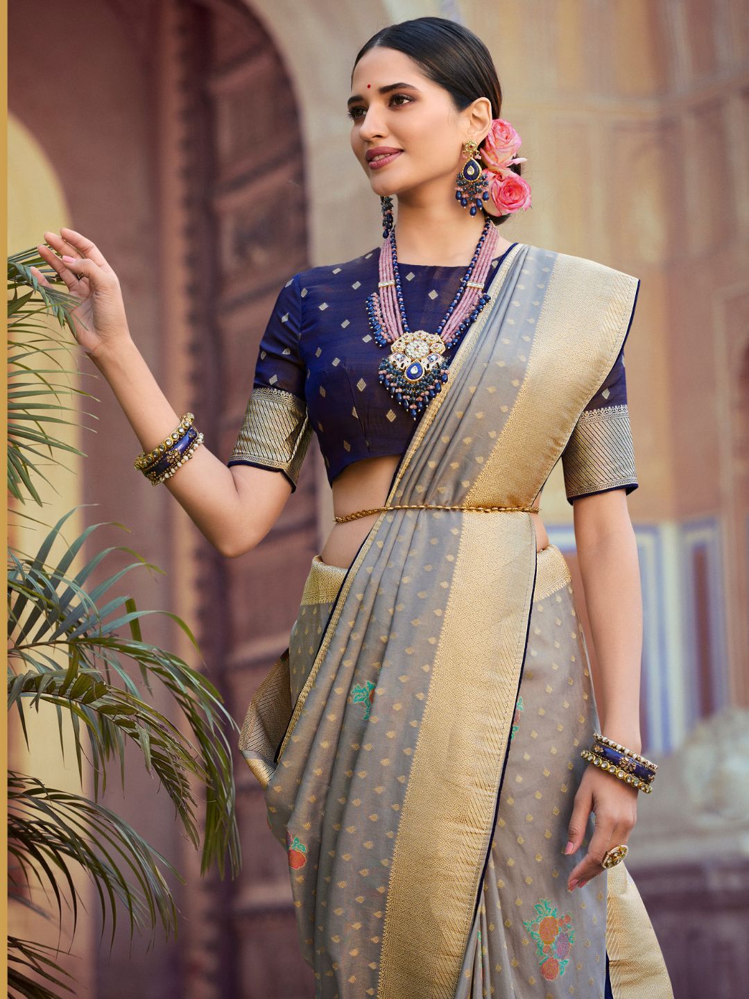 Embroidered Silk Traditional Saree In Grey-80976