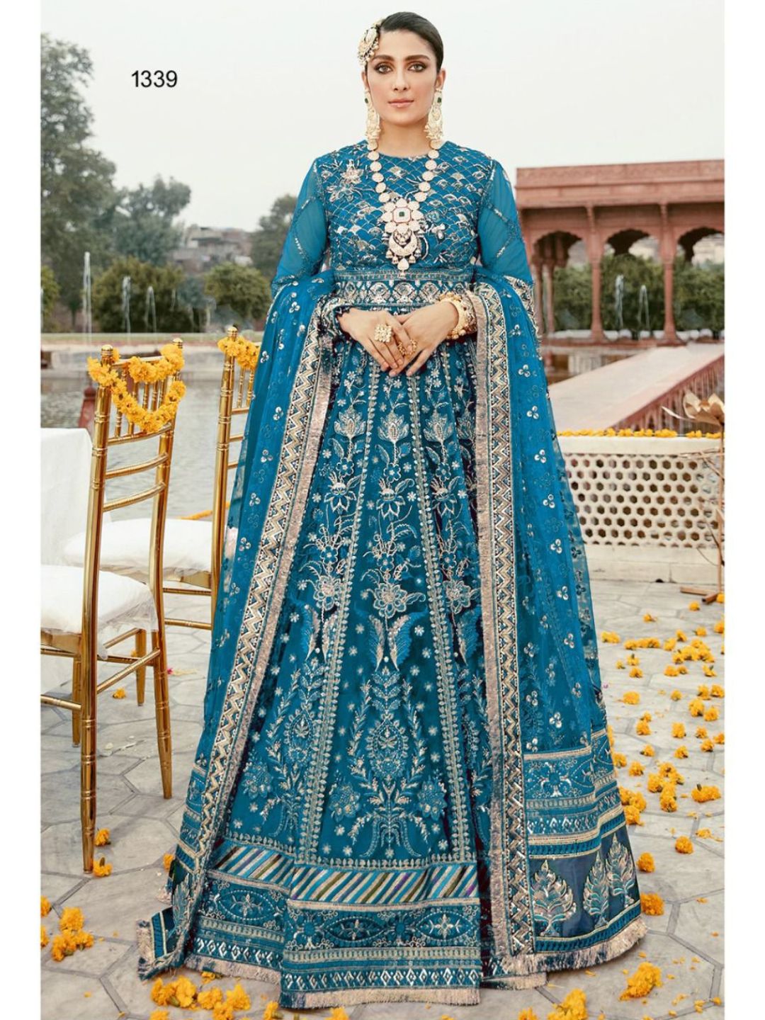 Embroidered Net Mehendi Sangeet Suits in Blue