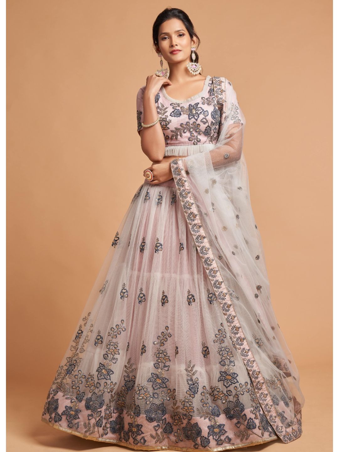 Sequence Net Fastive A Line Lehenga in White