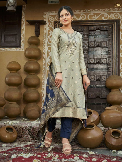 Embroidered Banarasi Silk Bollywood Salwar Kameez in Gray