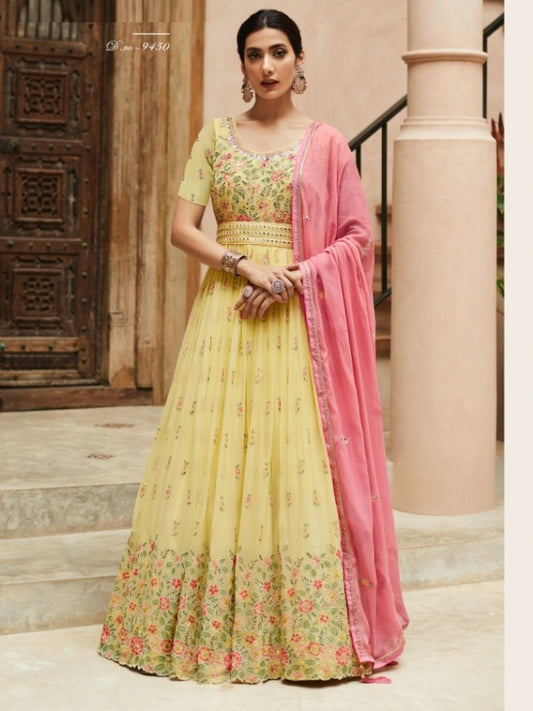 Thread Georgette Reception Salwar Kameez in Yellow