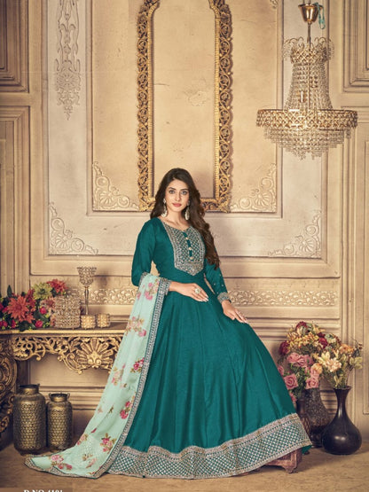 Embroidered Silk Mehendi Sangeet Gown in Green