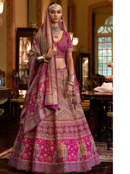 Mirror Work Art Silk Bridal Lehenga in Pink