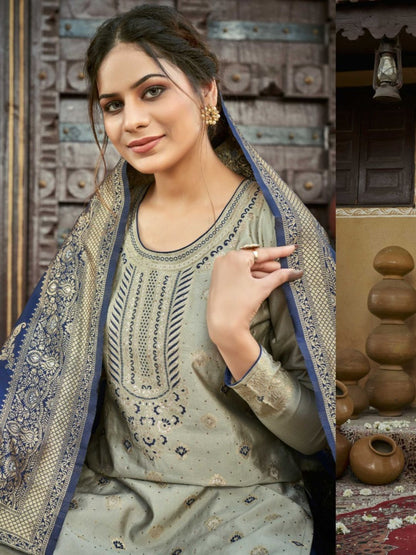 Embroidered Banarasi Silk Bollywood Salwar Kameez in Gray