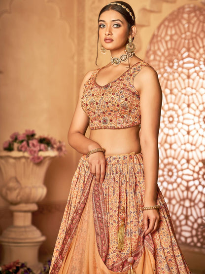 Digital Printed Chinnon Lehenga in Beige and Brown