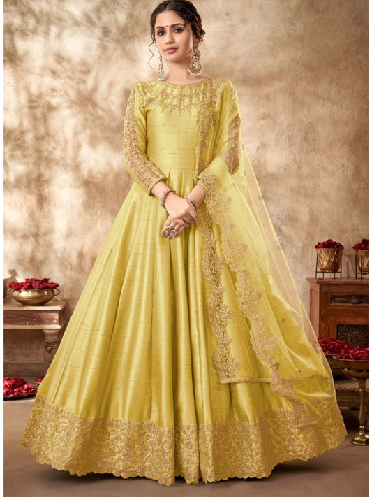 Embroidered Silk Wedding Mehendi Sangeet Salwar Kameez in Yellow