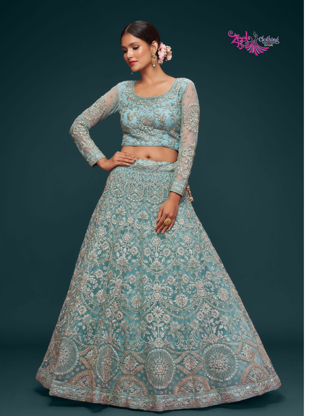 Net Wedding Lehenga in Blue with Zari work