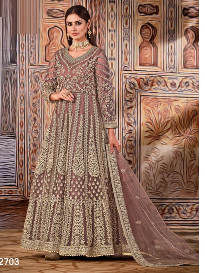 Embroidered Net Bollywood Floor Length Salwar Kameez in Beige