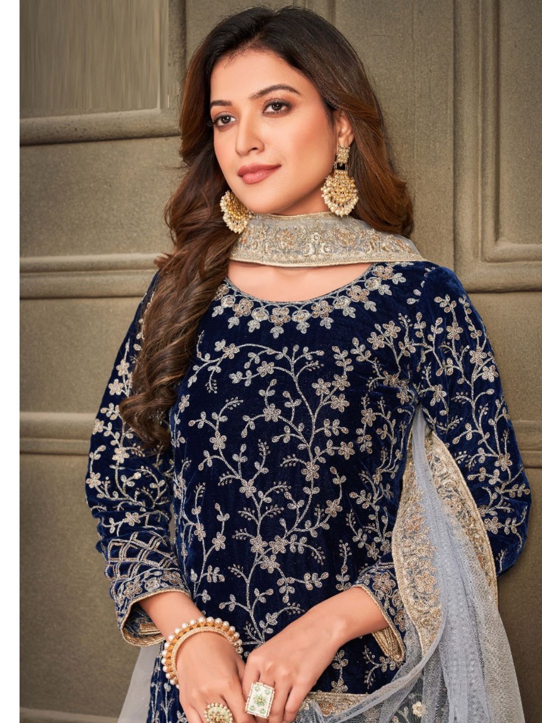 Embroidered Velvet Pakistani Suit in Blue