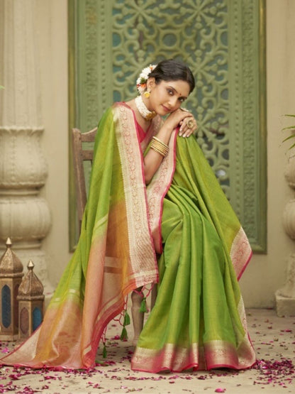 Weaving Tusser Silk Fastive Saree In Green-81030