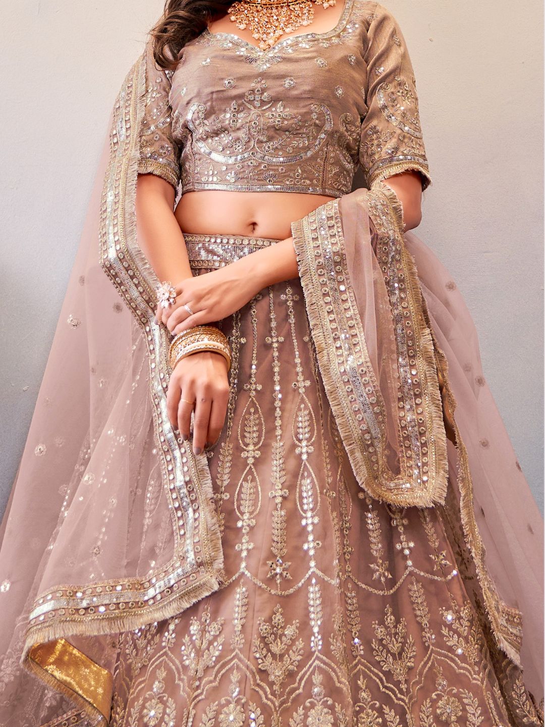 Sequance Net Bridal Lehenga in Light Pink