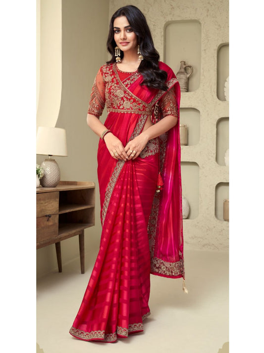 Embroidered Shimmer Silk Wedding Saree In Red