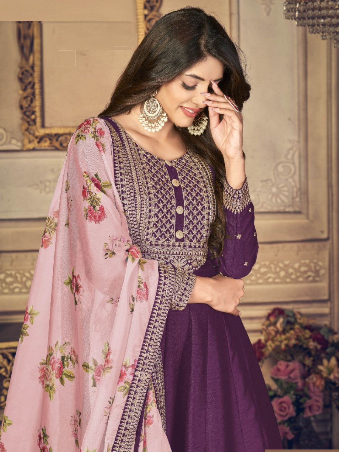 Embroidered Silk Mehendi Sangeet Gown in Purple