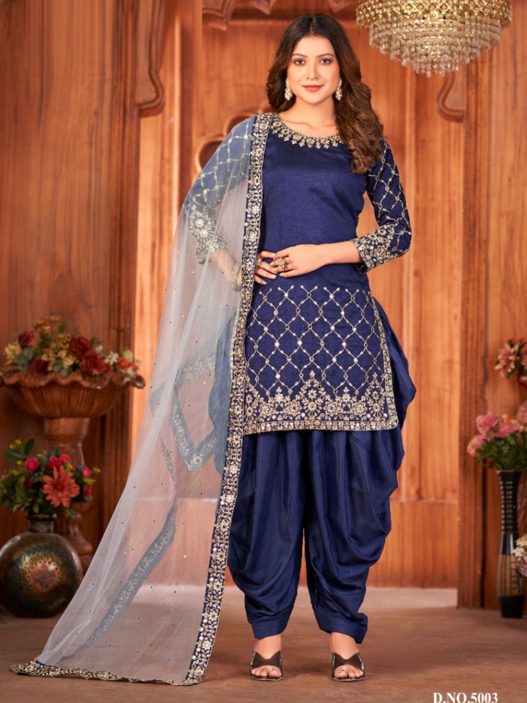 Mirror Art Silk Patiala Salwar Suit in Blue