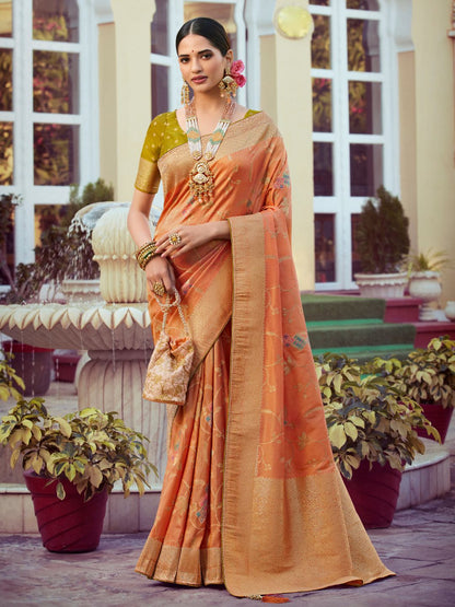 Embroidered Silk Traditional Saree In Orange