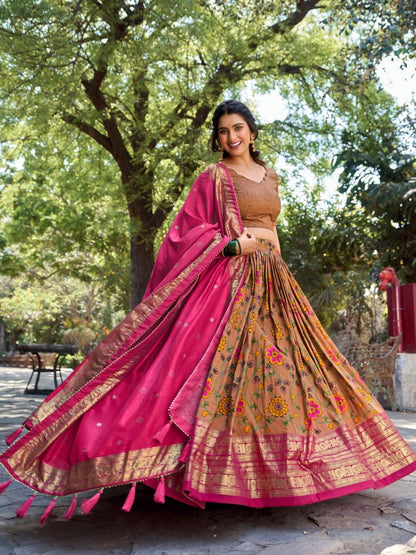 Kalamkari Tussar Silk Printed design Festive Lehenga In Pink color -82064