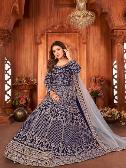 Zari Velvet Party Wear floor length Salwar Kameez In Blue