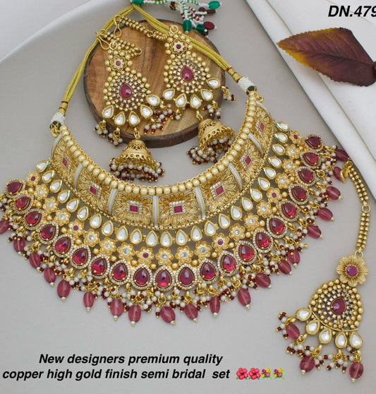 High Quality Kundan Pearl Studded Bridal Necklace Set-301085