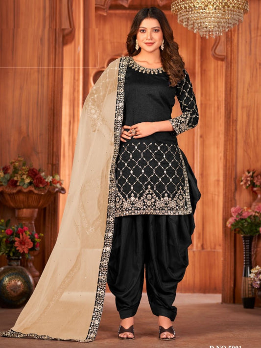 Mirror Art Silk Patiala Salwar Suit in Black